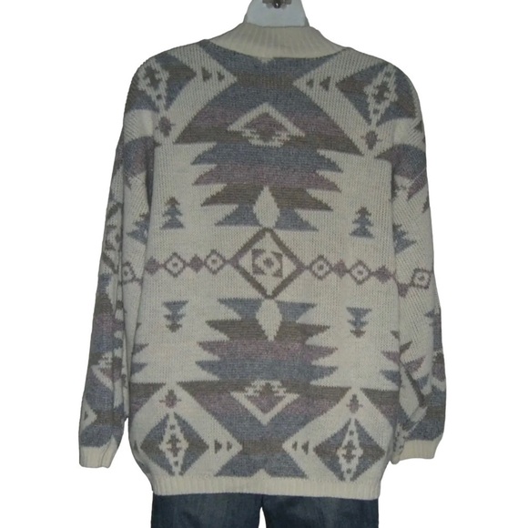 Vintage 90's Garland Sweater Southwestern Aztec Print Ivory High Neck Boho Wool - Picture 5 of 10